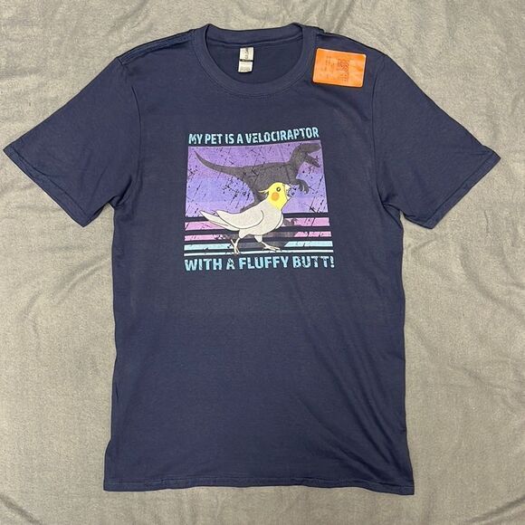 My Pet is a Velociraptor with a Fluffy Butt Blue Graphic Tee Size Small - Picture 2 of 6